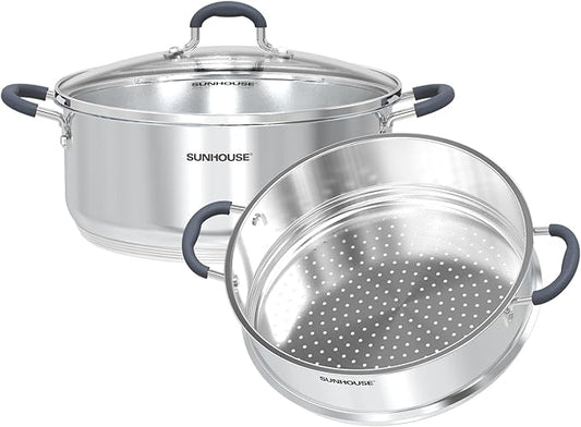 Sunhouse - 5.5 Quarts Steamer Pots With Lid 2-Tier Multipurpose Stainless Steel Steaming Pot Cookware For Vegetable, Dumpling, Sauce, Food - Triple Bottom, Measurement Line