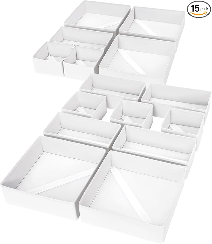 DIMJ Drawer Organizer Clothes, 15 Pack Fabric Drawer Organizer Bins, Foldable Baby Clothes Organizer & Dresser Organizer For Nursery, Clothes, Bedroom, Closet, Socks, Bra, Tie,White