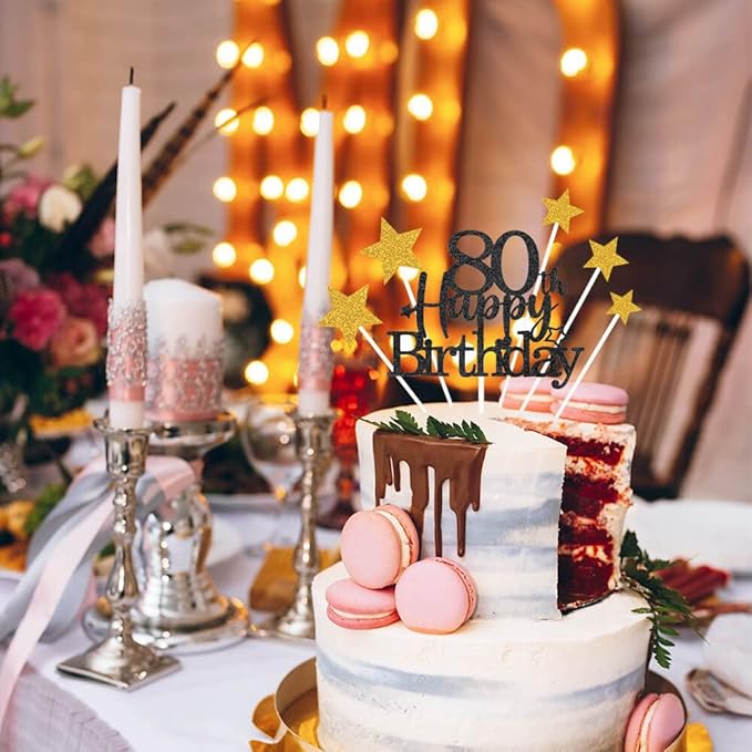 Glittery 80th Happy Birthday Cake Topper with Star,Personalised 80 Birthday Cake Toppers Party Decorations Party Supplies for Men Women Black Gold