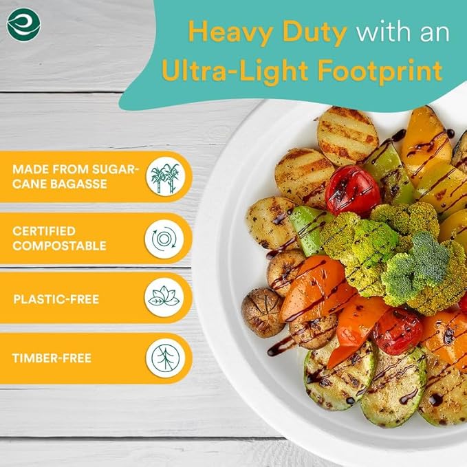 ECO SOUL Pearl White 10 Inch [100-Pack] Paper Plates | 100% Compostable Disposable Bagasse I Heavy-Duty Eco-Friendly Dinner Plates I Biodegradable Sugarcane Eco Plates | Microwavable