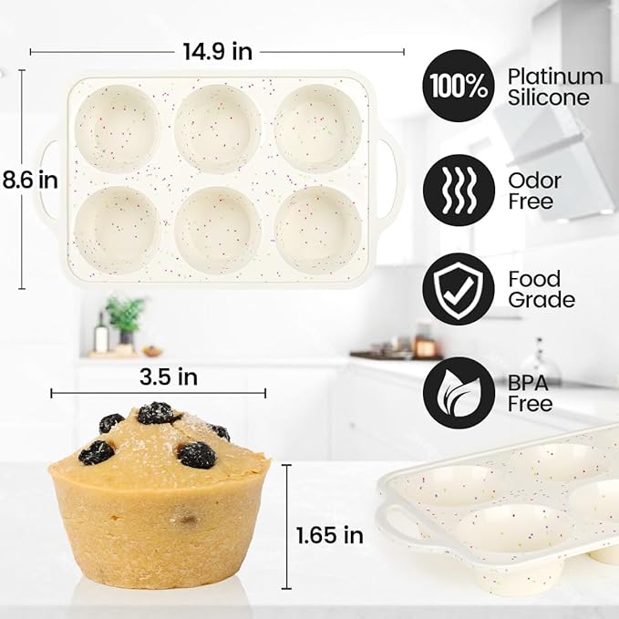 Large Muffin Pan, Metal Reinforced Frame 3.5 Inch Jumbo Silicone Muffin Pan Nonstick 6 Cups for Baking Jumbo Muffin, Frittatas, Jumbo Cupcakes 2 Pack Confetti