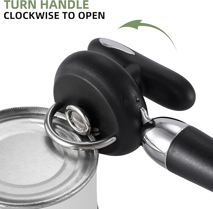 Can Opener Manual Tin Opener Stainless Steel Heavy Duty, Oversized Hand-held Easy Rotary Knob, Safe Cut Manual Can Opener with Non-Slip Handle, Smoother Cut Sharp Blade for Seniors Kitchen Tool, Black