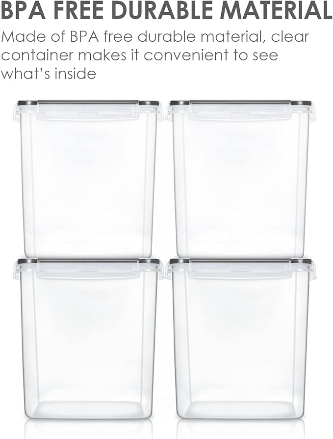 Vtopmart Food Storage Containers 4.3L / 145.4oz, 4 Pieces BPA Free Plastic Airtight Canister for Flour, Sugar, Baking Supplies, with 4 Measuring Cups and 24 Labels, Black
