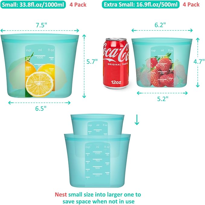 Reusable Sandwich & Snack Bags, 8 Pack 100% Silicone Food Storage Bags Stand Up Zip Lock for Food Container, Freezer Microwave Oven Dishwasher Safe, 4 Small 4 Extra Small, Aqua