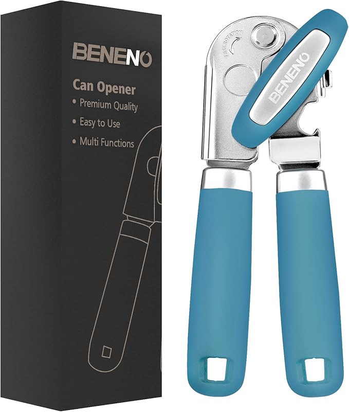 Beneno Can Opener Manual with Magnet, Hand Held Heavy Duty Can Opener with Durable Sharp Blade Smooth Edge, Big Effort-Saving Knob, Soft Grip Rubber Handle, Multifunctional Bottle Opener, Aqua