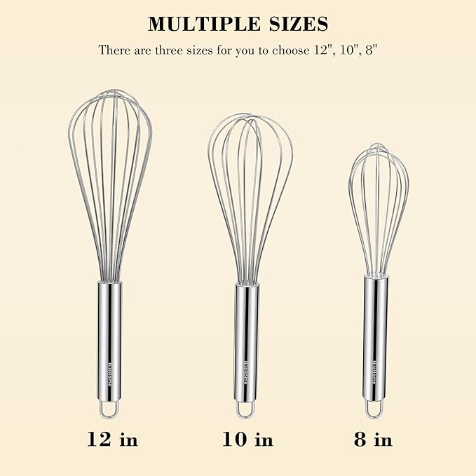 NileHome Stainless Steel Whisk Set 8" 10" 12" Kitchen Whisk Balloon Whisk Kitchen Wisk Wire Whisks for Cooking, Whisking, Blending, Beating, Stirring-3 Pack…