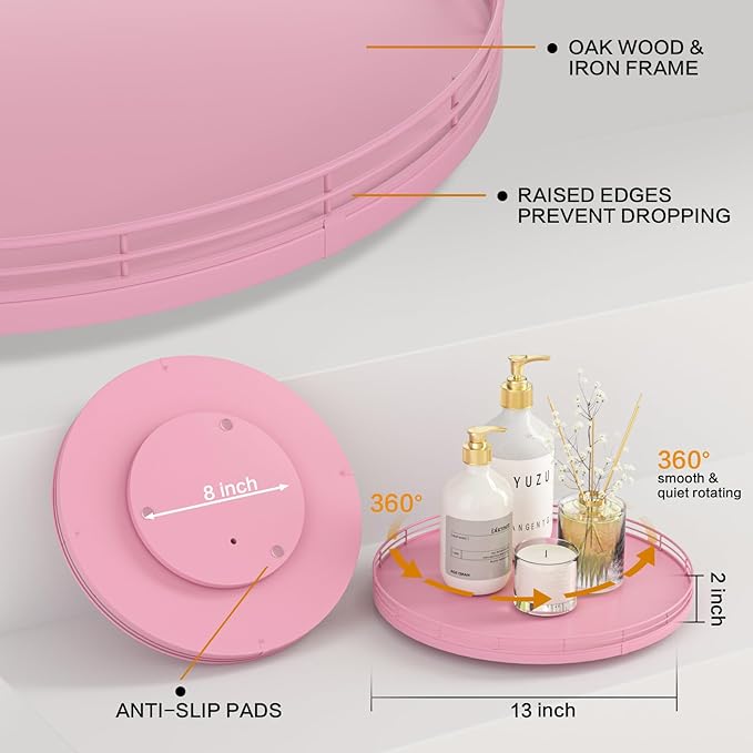 13" Oak Wood Lazy Susan Organizer, Lazy Susan for Cabinet Dining Table Pantry Wood Turntable Organizer Tray for Coffee Table Kitchen Countertop Spinning Spice Can Organization and Storage Round Pink