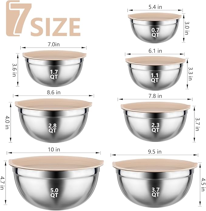Mixing Bowls with Lids set - 25 PCS Stainless Steel Nesting Khaki Mixing Bowls Set for Baking,Mixing,Serving & Prepping,Size 5, 3.7, 2.8, 2.3, 1.7, 1.1, 0.7QT, 11 Cooking Utensils