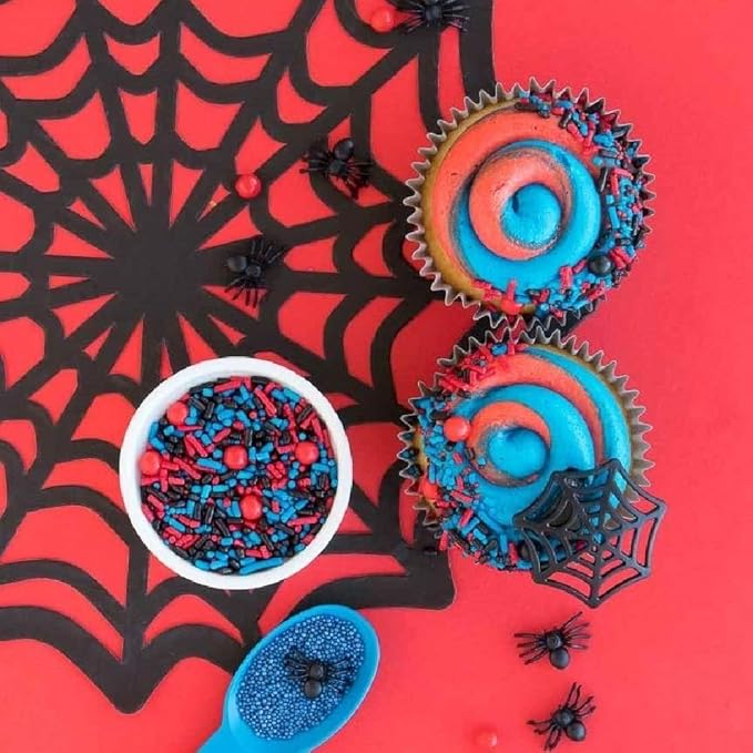 Spiderman Sprinkles for Cake, Cookie, Cupcake Decorating, and Baking - Fancy Edible Spiderman Cake Decorations Sprinkles and Toppings in Red, Blue, and Black Jimmies, Nonpareils, Sugar Pearl