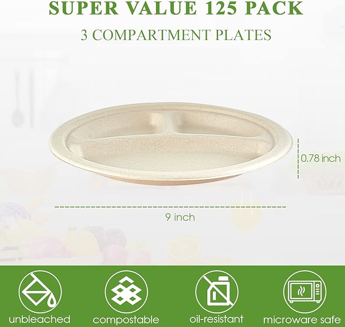 Vplus 100% Compostable Paper Plates, 125 Pack 9 Inch 3 Compartment Plates Disposable, Heavy Duty Biodegradable Plates Made of Sugar Cane Fibers, for Daily meals, Dinner, Parties, BBQ