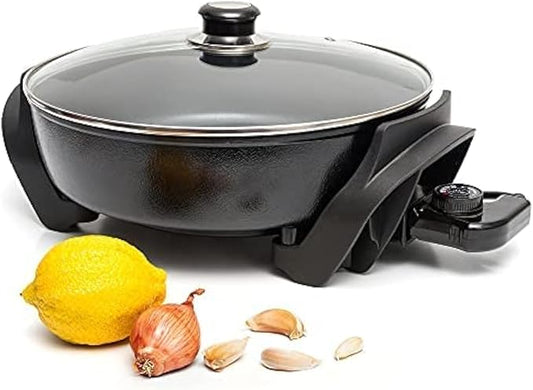 Moss & Stone Round Nonstick Electric Skillet With Lid, Aluminum 12x12 Inch Electric Frying Pan 5Qt, Nonstick Cooking Surface, Adjustable Temperature Control, Vented Glass Lid, Heat-Resistant Handle