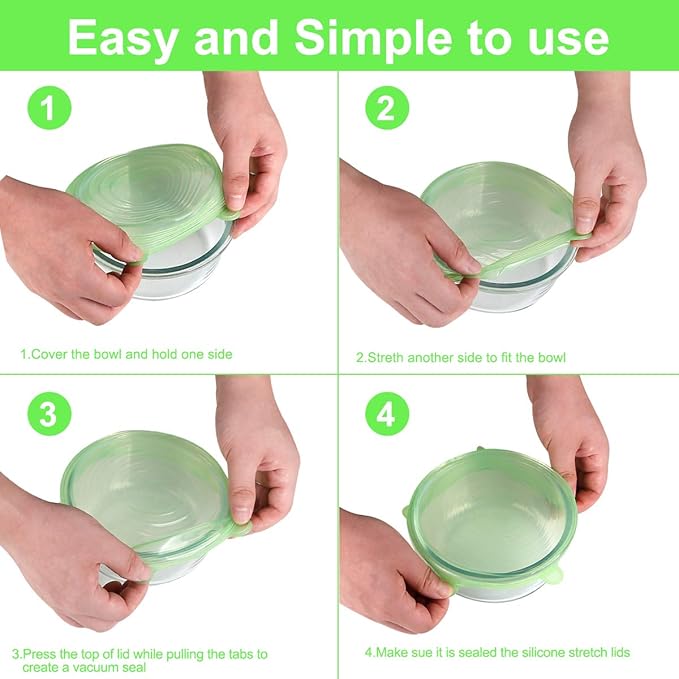 Silicone Stretch Lids, 12 Pack Silicone Lids, 6 Sizes BPA-free Silicone Bowl Covers Reusable for Cups, Bowls and Dish, Flexible, Round and Rectangle Fit 2.8” - 8.2” Container, Green & Blue