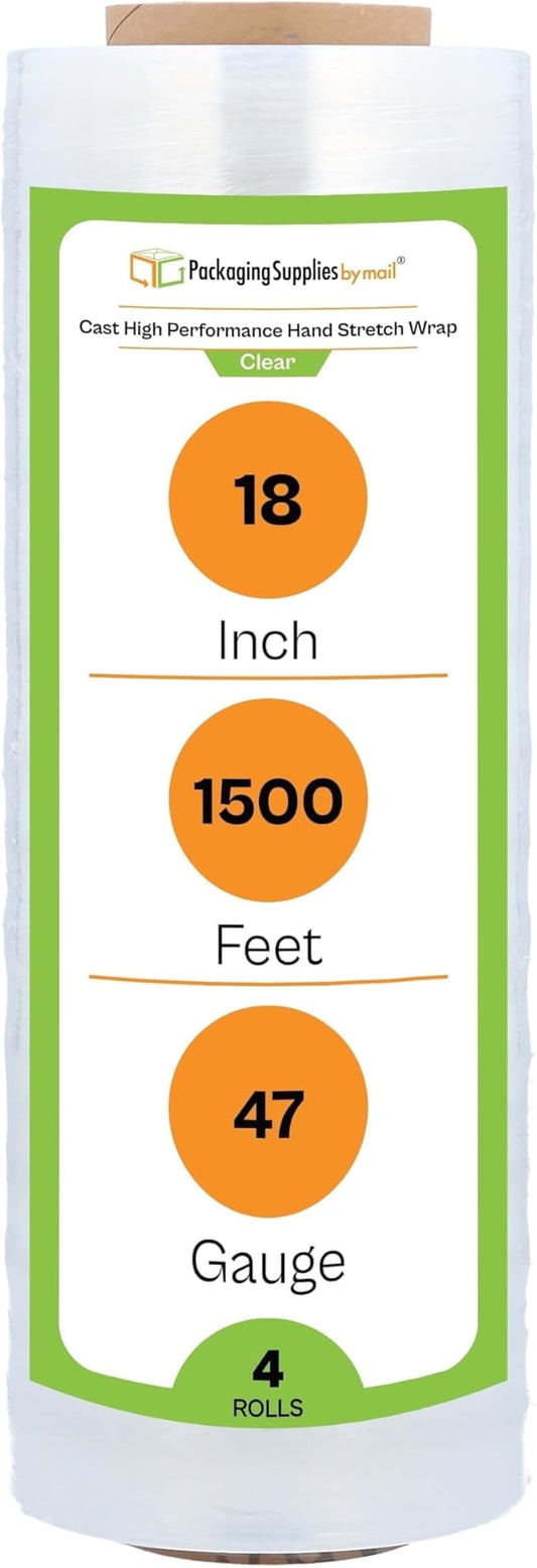 PSBM High Performance Pallet Stretch Wrap, 4 Pack Plastic Moving Wrap in 18 Inch x 1500 Feet, 47 Gauge, Clear Packing wrap for moving, Ideal for Furniture Wrapping for moving purposes