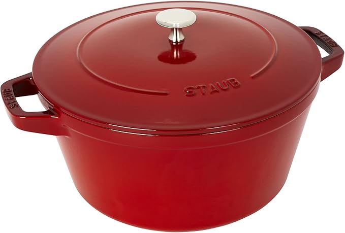 STAUB Cast Iron Set 4-pc, Stackable Space-Saving Cookware Set, Dutch Oven, Skillet, Grill Pan with Universal Lid, Made in France, Cherry