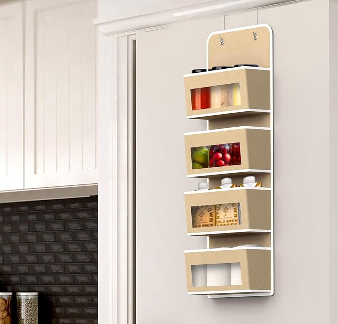 Simple Houseware 4 Clear Window Pocket Over Closet Door Storage Hanging Organizer for Bedroom, Bathroom, Pantry, Beige