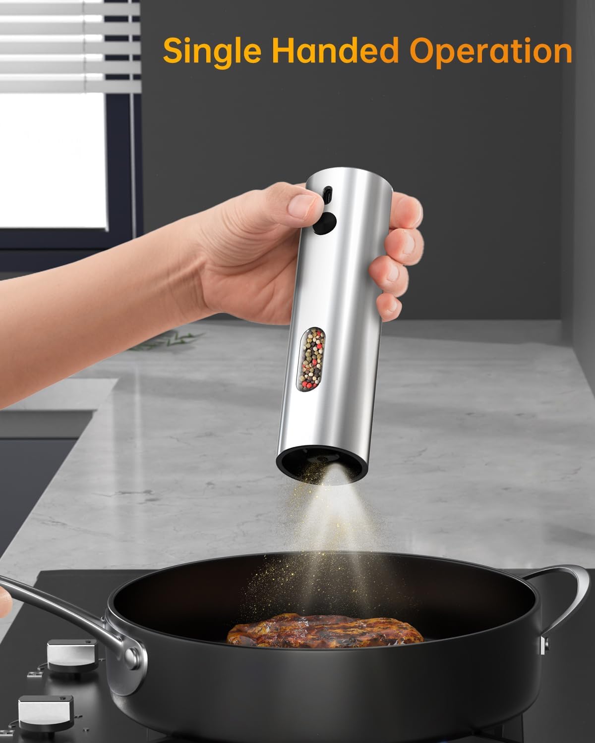 CIRCLE JOY Rechargeable Electric Pepper Grinder, Automatic Stainless Steel Pepper Mill Grinder with 110ml Container, Adjustable Coarseness and White LED Light, Silver