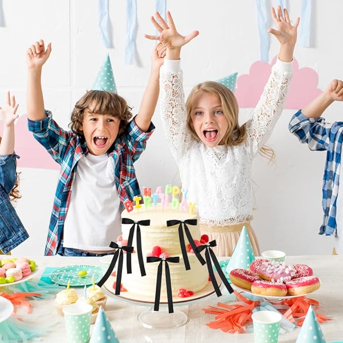 Bow Cake Toppers, 10 Pcs Large Black Bows Cupcake Toppers Themed Party Decorations, Black Birthday Cake Decorations for Wedding Baby Shower Party Supplies