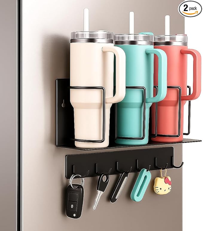 Strong Magnetic Cup Holder for Fridge, Fits Stanley 40/30/20 oz, Yeti & More, No-Drill Tumbler Organizer with Lid & Straw Storage, Kitchen & RV Space Saver(2-Piece Set)