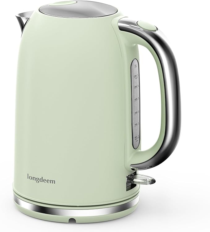 Electric Tea Kettle for Boiling Water, Wide Open Lid Stainless Steel Water Boiler, 1500W/1.7L for Coffee/Tea Brewing, Auto Shut Off & Boil Dry Protection, Cordless Swivel Base & LED Indicator, Green