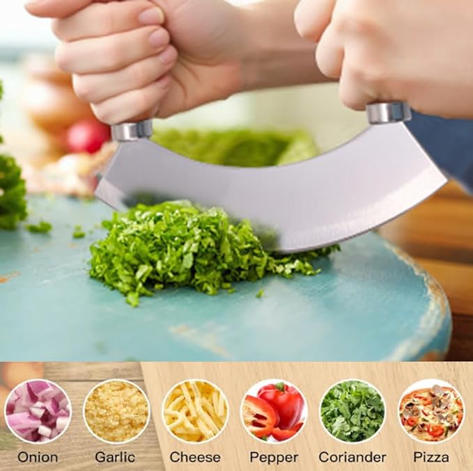 5.4 Inch Stainless Steel Mezzaluna Knife - Salad Chopper Rocker Pizza Cutter Rocker Knife Curved Blade Sharp Blade Double Acacia Wood Handle Fruit Vegetable Mincing (5.4 Inch Black)