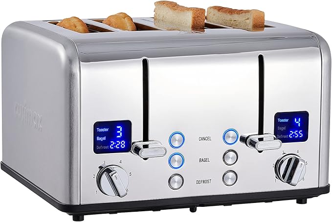 CUSIMAX 4 Slice Toaster, Ultra-Clear LED Display & Extra Wide Slots, Dual Control Panels of 6 Shade Settings, Cancel/Bagel/Defrost Function, Removable Crumb Trays, Stainless Steel Toaster
