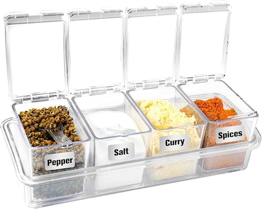 XIUDI Clear Seasoning Rack Spice Pots-4 Pieces Clear Seasoning Storage Container for Spice Salt Sugar Cruet.Acrylic Seasoning Box, Cruet with Cover and Spoon