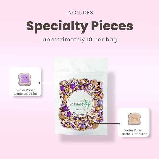 Sprinkle Pop PB&J Sprinkle Mix| lavender Purple Gold Cream Chocolate Sprinkles with ~10 Peanut Butter & Grape Jelly Slice Wafer Papers| Sprinkles Made in USA for Decorating Cake Cupcakes Cookies, 2oz