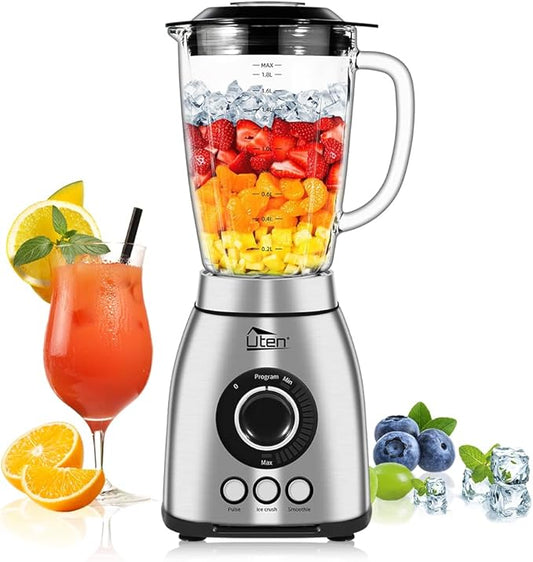 Uten 800 Watt Fast Countertop Blender for Smoothies and Shakes, Ground Coffee Beans, 60 Oz Glass Jar, 18 Speed Levels, 3 Programs Ice Crush, Smoothie, Pulse