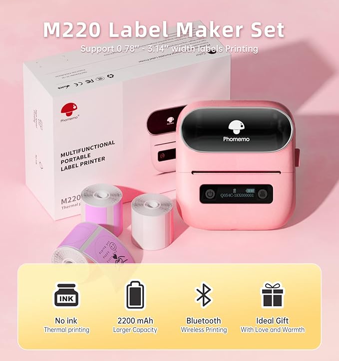 Phomemo M220 Label Maker, 3.14 Inch Bluetooth Thermal Label Printer, Compatible with Phone & PC, for Barcode, Address, Mailing, Home,Office,School