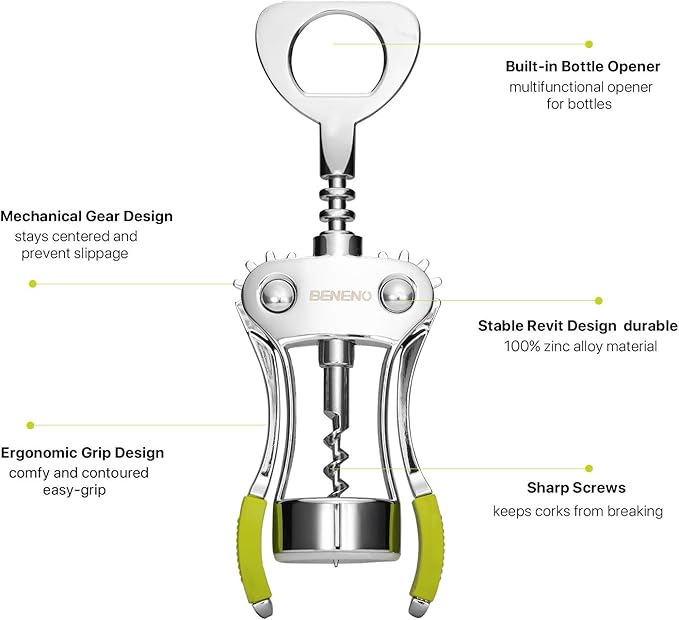 Beneno Wine Opener, Zinc Alloy Premium Wing Corkscrew with Multifunctional Bottles Opener, Sharp Wine Corkscrew with Ergonomic Non-Slip Wing Handle, Upgrade Green