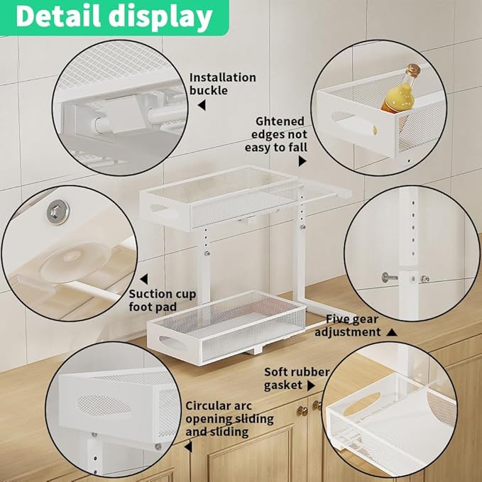 Under Sink Organizer, 2-Tier Slide-Out Storage Shelf with Mesh Drawers - Adjustable Height Heavy-Duty Steel Cabinet Organizer for Kitchen/Bathroom/Laundry, Easy Assembly, Space Saver (White)