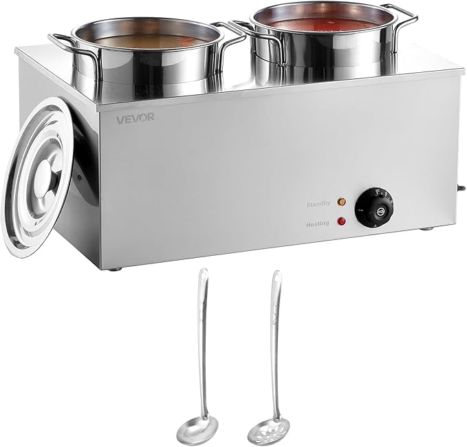 VEVOR Electric Soup Warmer, Two 6.34QT Stainless Steel Round Pot with 86~185°F Adjustable Temp, 1200W Commercial Bain Marie Compatible with Pans, Soup Station for Restaurant, Buffet