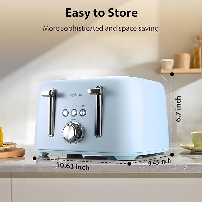 4-Slice Toaster 1.5" Extra Wide Slot Stainless Steel with High Lift Lever, 6 Presets & Bagel/Defrost/Cancel Function, Removal Crumb Tray, Under Base Cord Storage, Blue