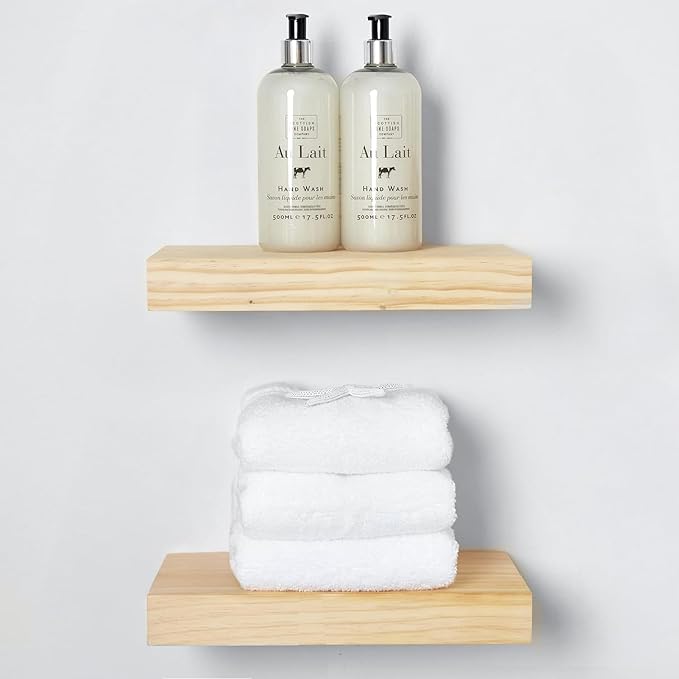 Homeforia Wood Floating Shelf 12 inch, High End Solid Natural Wood 12inch Floating Shelves for Wall Mounted, Unfinished Small Wooden Floating Shelves, Heavy Duty Bracket, 12 X 6.5 X 1.75 in, Set of 2