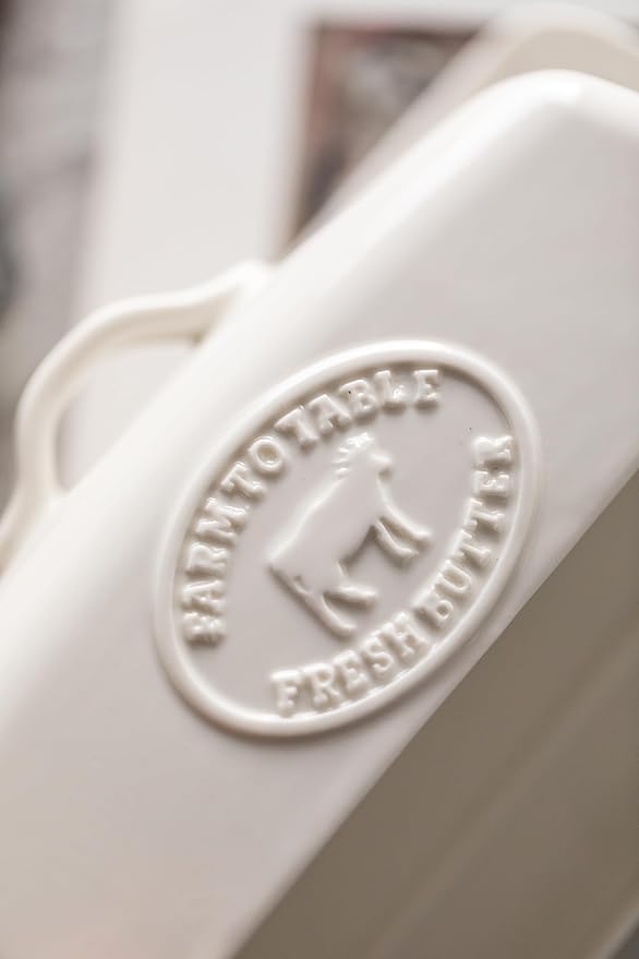 Cow Butter Dish, Ceramic Butter Dish with Lid for Countertop, White Butter Tray with Handle, Farmhouse Covered Butter Holder Container for East West Coast Butter Storage