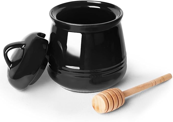 HAOTOP Ceramic Honey pot with Lid and Honey Dipper,Porcelain Honey Jar Easy to Clean and Dishwasher Safe,12oz (Black)