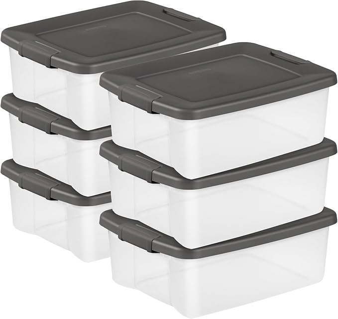 Sterilite 6-Pack ShelfTote, Clear Plastic Storage Bins with Lids, 25 Quart, Gray - Stackable Organizing Container Boxes for Closet, Bathroom, and Office