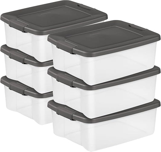 Sterilite 6-Pack ShelfTote, Clear Plastic Storage Bins with Lids, 25 Quart, Gray - Stackable Organizing Container Boxes for Closet, Bathroom, and Office