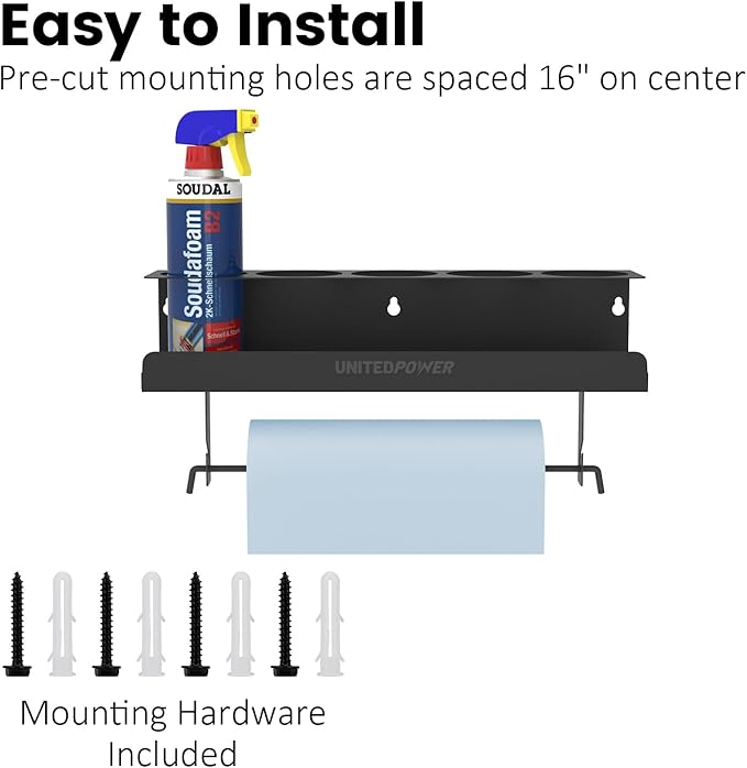 UNITEDPOWER 5 Aerosol Spray Can/Paper Towel Holder, Paint Bottle Storage Rack, Steel Wall Mount Shelf, Tool Organizer for Garage, Craft Workspace and Home