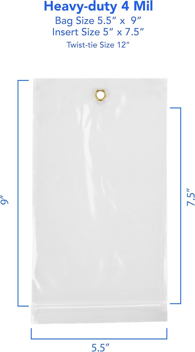 GPI - 5.5" x 9" Reclosable Zip Bags with Bottom Hang-hole & Pre-inserted 12" Twist-tie. 4 Mil Heavy-duty Resealable Zipper Baggy with Grommet/Metal Eyelet for Hanging (Insert Size 5x7.5) 500 Pack
