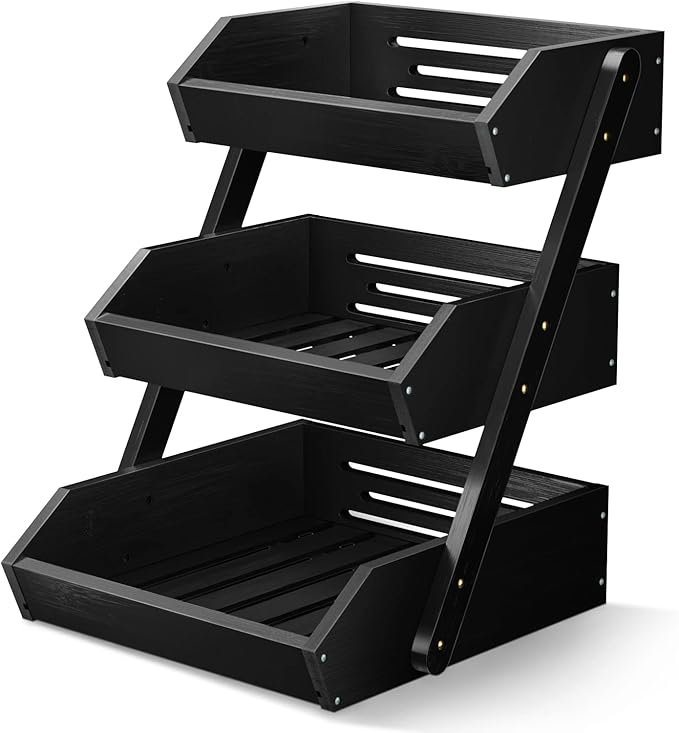 G.a HOMEFAVOR Large Bamboo Fruit Basket, 3 Tier Fruit Bowl for Kitchen Counter, Fruit Holder for Kitchen Countertop, Snack Fruit Vegetable Storage Basket Stand (BLACK)