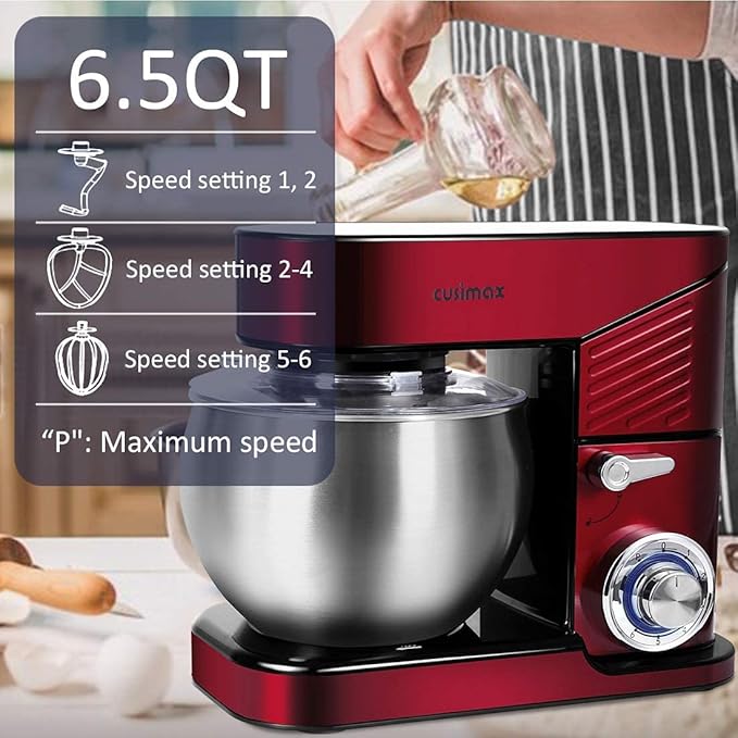 Stand Mixer, CUSIMAX 6.5QT Stainless Steel kitchen Electric Mixer 6-Speeds Tilt-Head Dough Mixers for Home Use with Dough Hook, Wire Whisk & Flat Beater, Splash Guard, Red