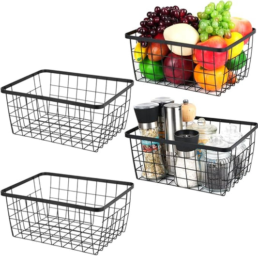 Kitchen Metal Wire Baskets with Handles Food Storage Organizer, Household Refrigerator for Cabinets,Pantry,Bathroom,Black,4 Pack