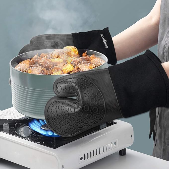 sungwoo Silicone Oven Mitts, Heat Resistant Oven Gloves with Quilted Liner Non-Slip Textured Grip Perfect for BBQ, Baking, Cooking and Grilling - 1 Pair 13.8 Inch Black