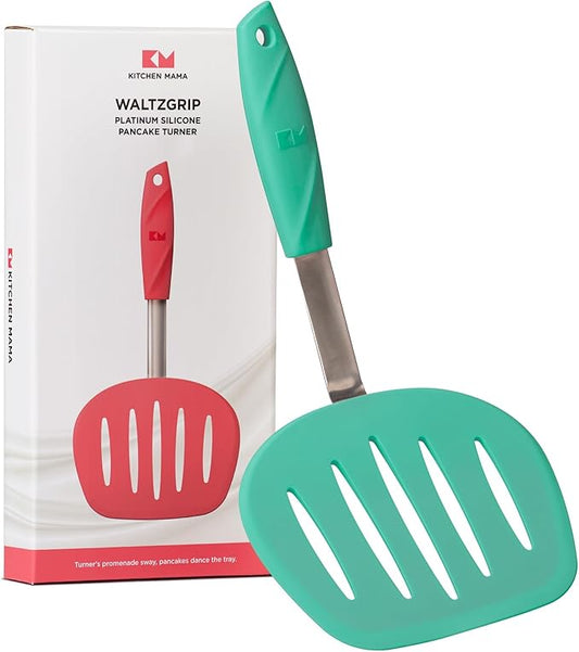 Kitchen Mama WaltzGrip Platinum Silicone Pancake Spatula Turner: Heat Resistant Flexible, Stainless Steel Core, Nonstick, Dishwasher Safe, Flipper – Ideal Kitchen Cookware for Eggs, Fish, Meat (Teal)