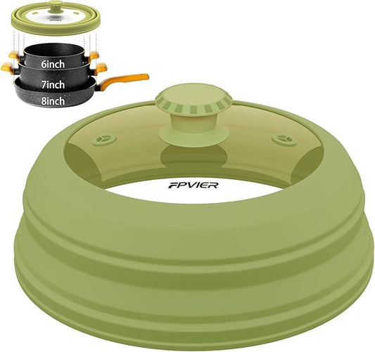 Collapsible Microwave Splatter Cover - Vented Silicone & Glass Lid with Easy-Grip Handle, Fits 6 to 8 Inch Plates & Bowls, 9 Inch Diameter, Prevents Splatters & Ensures Even Heating