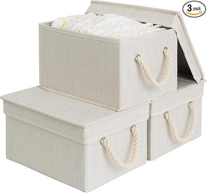 StorageWorks Storage Bins with Lids, Decorative Storage Boxes with Lid and Soft Rope Handles, Foldable Storage Baskets for Closet, Shelves, Stackable, Mixing of Beige, White & Ivory, Medium, 3-Pack