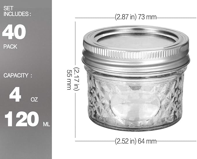 VERONES Mason Jars 4 OZ, Canning Jars With Regular Lids, Ideal for Jam, Honey, Wedding Favors, Shower Favors, DIY Spice Jars, 40 PACK