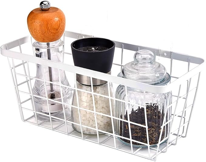 LeleCAT White Hanging Kitchen Baskets For Storage Adhesive Sturdy Small Wire Storage Baskets No Drilling Wall Mounted Kitchen Food Pantry Bathroom Shelf Storage, 4 PACK,White