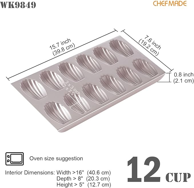 CHEFMADE Madeleine Mold Cake Pan, 12-Cavity Non-Stick Oval Shell Madeline Bakeware for Oven Baking (Champagne Gold)
